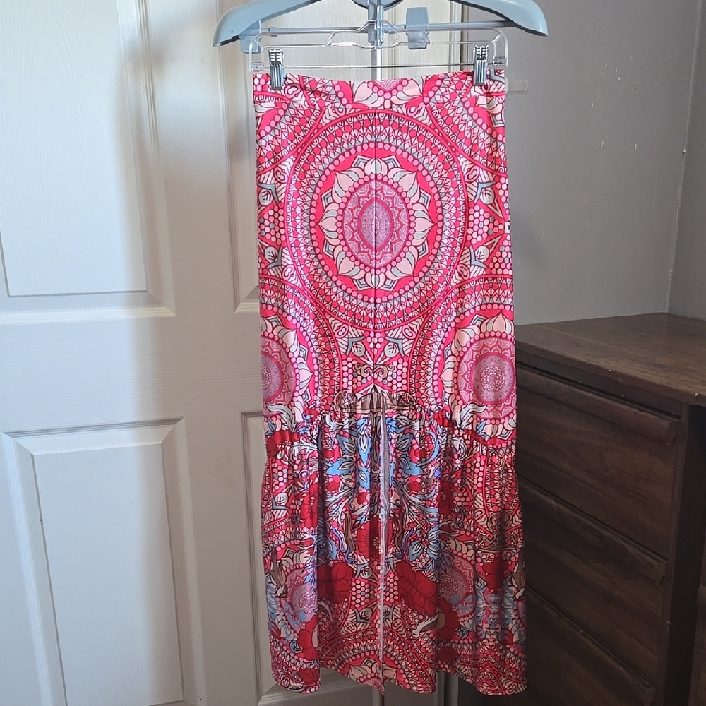 Vibrant Pink Patterned Skirt Boho Floral Birds Hippie Cottagecore